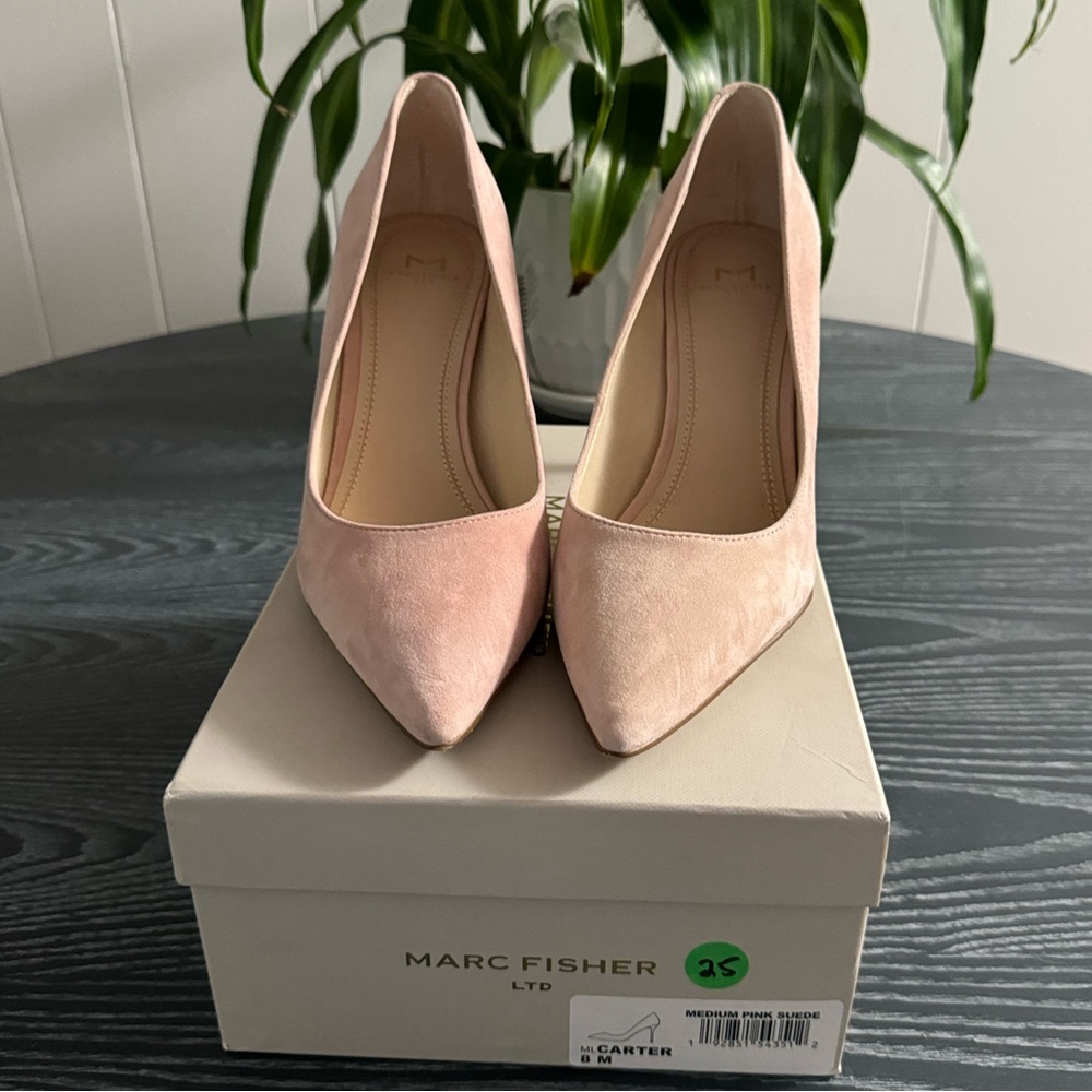 Pink Suede Heels with Wood Heel